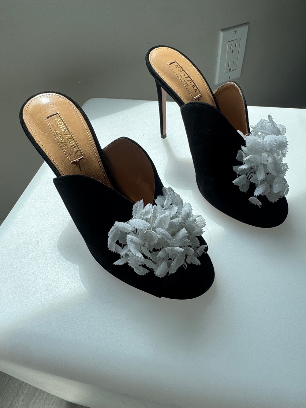 Aquazzura Black Suede Mules with Lily of the Valley Floral detail